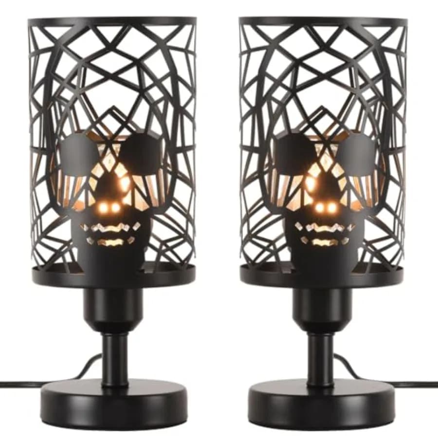 Lampada da Tavolo a Forma di Teschio per Camera da Letto, Set di 2, Lampada da Comodino Industriale Nera con Interruttore a Spina, Lampada da Scrivania Gotica E26 con Teschio Rotondo