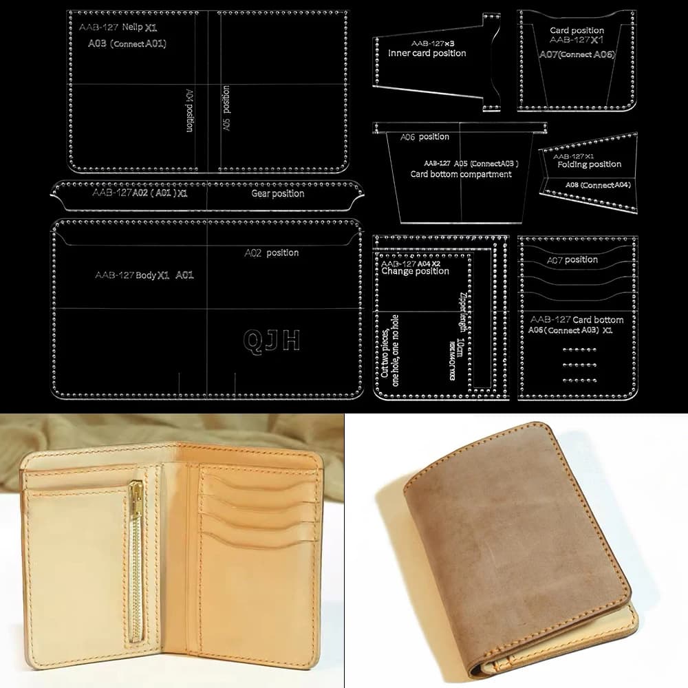 1 set di portamonete corto pieghevole, borsa per carte - modello acrilico (riutilizzabile), modello di cucito artigianale fatto a mano in pelle fai-da-te con fori
