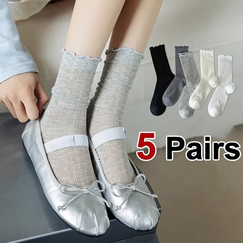 5 Pairs Cute Socks Women Solid Color Mesh Mid Calf Sock Wavy Edge Ballet Style Lightweight Breathable Summer Casual Women Socks