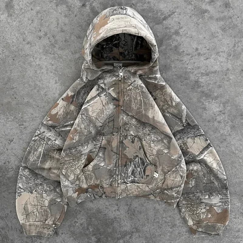 Vintage Zip Up Hoodie Men Camouflage Pattern Zipper Sweatshirt High Street Hip Hop Y2K Streetwear Oversized Unisex Camo Hoodie