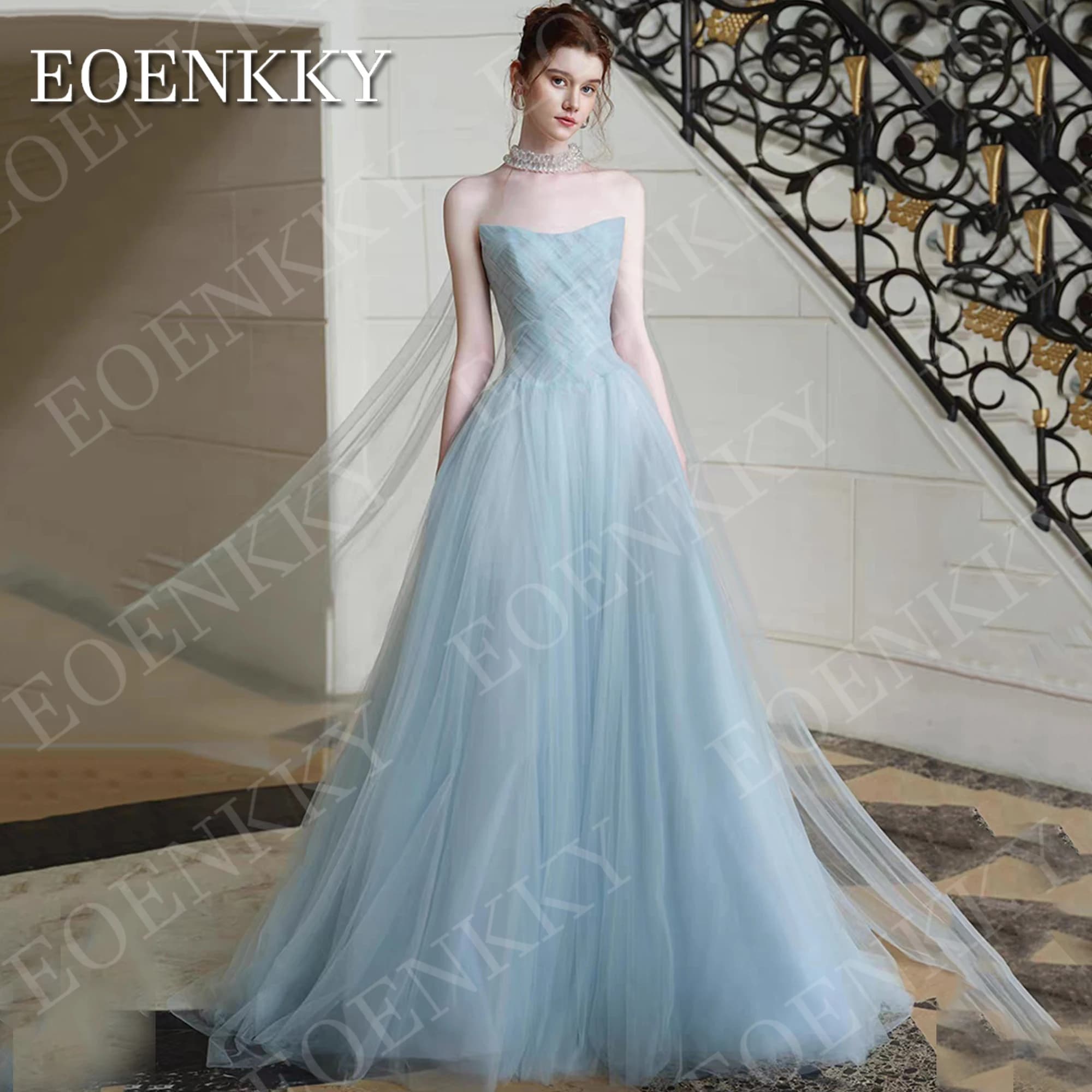 EOENKKY Tulle Prom Dresses Strapless Woman Fairy A Line Light Blue Formal Party Dress Customized Sleeveless Vestido De Formatura