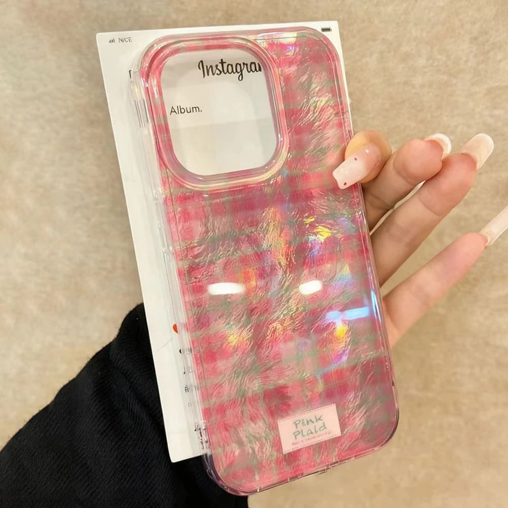 Pink Splicing Grid Pattern Phone Case for iphone 17 Air 16 15 14 13 11 12 Pro Max 7 8 Plus X XS XR SE 2022 2020 16e Women Cover