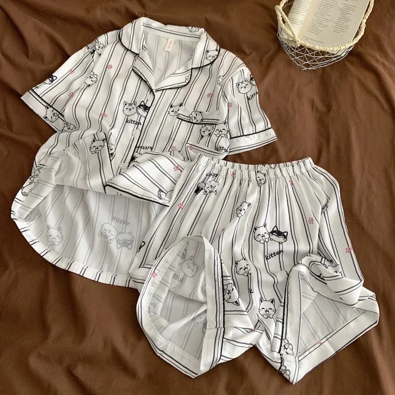 Summer High Quality Women's Cool Ice Silk Pajamas Short Sleeved Turn-Down Collar 2 Piece Pajamas Set Korean Casual Soft Homewear
