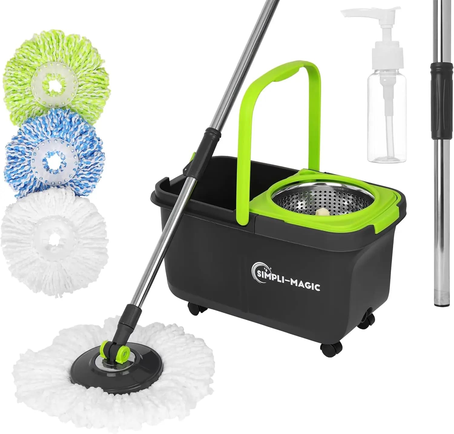 360 ° Set Mop e Secchio con Strizzatore, 3 Testine in Microfibra Lavabili, Dispenser di Sapone per Tutti i Tipi di Pavimento