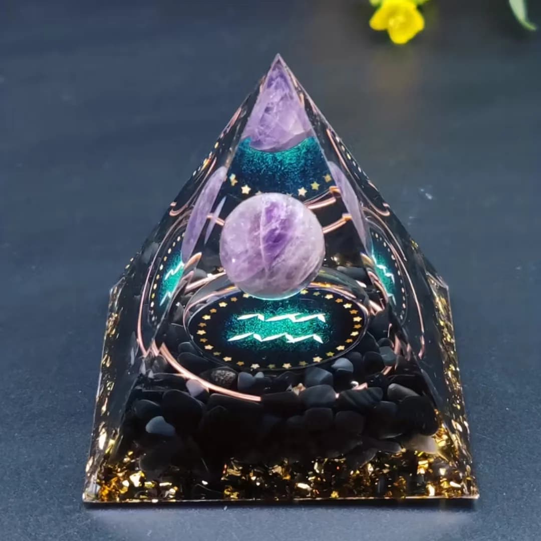 Piramide Orgonica Aquarius con Sfera di Ametista Naturale e Ossidiana, Generatore di Energia Orgonite, Guarigione Reiki, Protezione EMF, Decorazione per la Casa