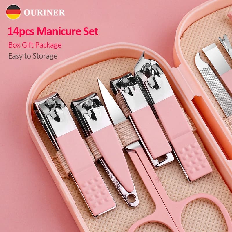 Set per Manicure e Pedicure Deluxe da 14 pezzi forbici per unghie in acciaio inossidabile rosa e blu, tagliaunghie, cucchiaio per scavare le orecchie per uomo e donna