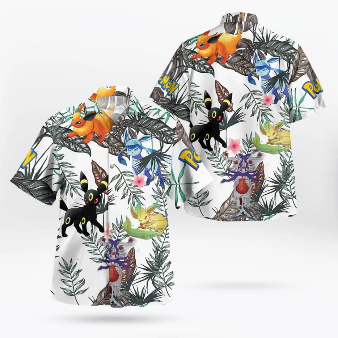T-shirt con grafica Pokémon Tropi Eevee per fan, maglietta hawaiana estiva sportiva da uomo, abbigliamento per bambini e donna