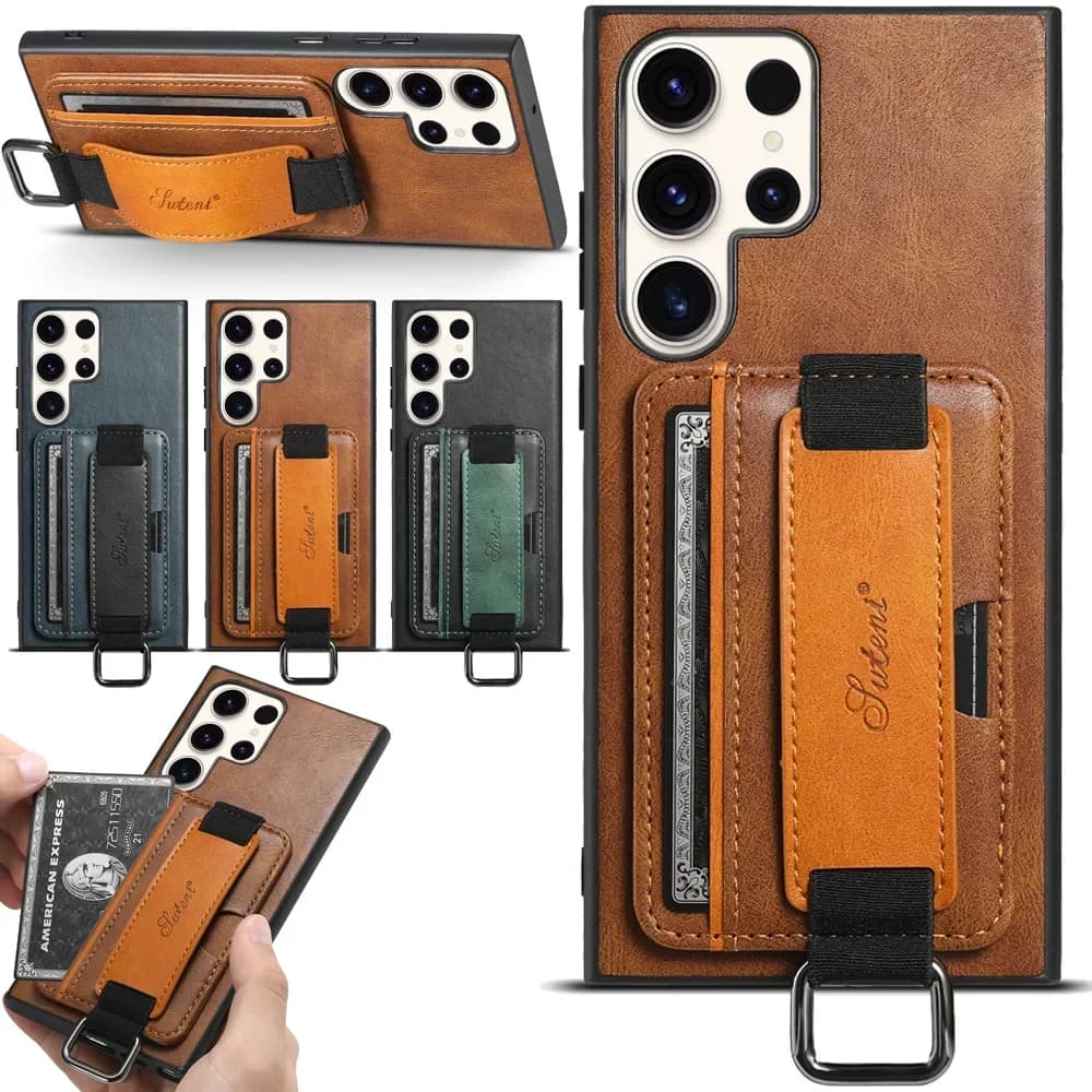 Custodia per Samsung Galaxy S26 S25 S24 S23 S22 Plus Ultra Note 20 in pelle PU con supporto, antiurto, cinturino da polso e tasca porta carte