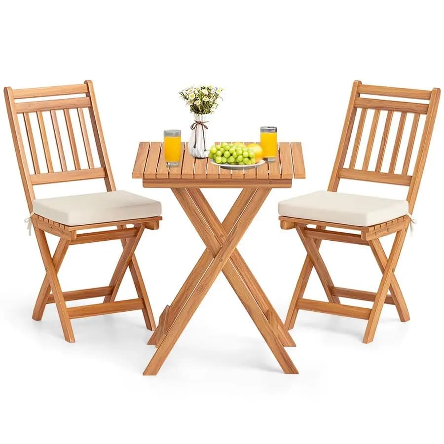 Set Bistrot Pieghevole da Esterno, 3 Pezzi in Legno di Acacia con Cuscini Morbidi, Tavolo e Sedie da Patio per Giardino, Veranda
