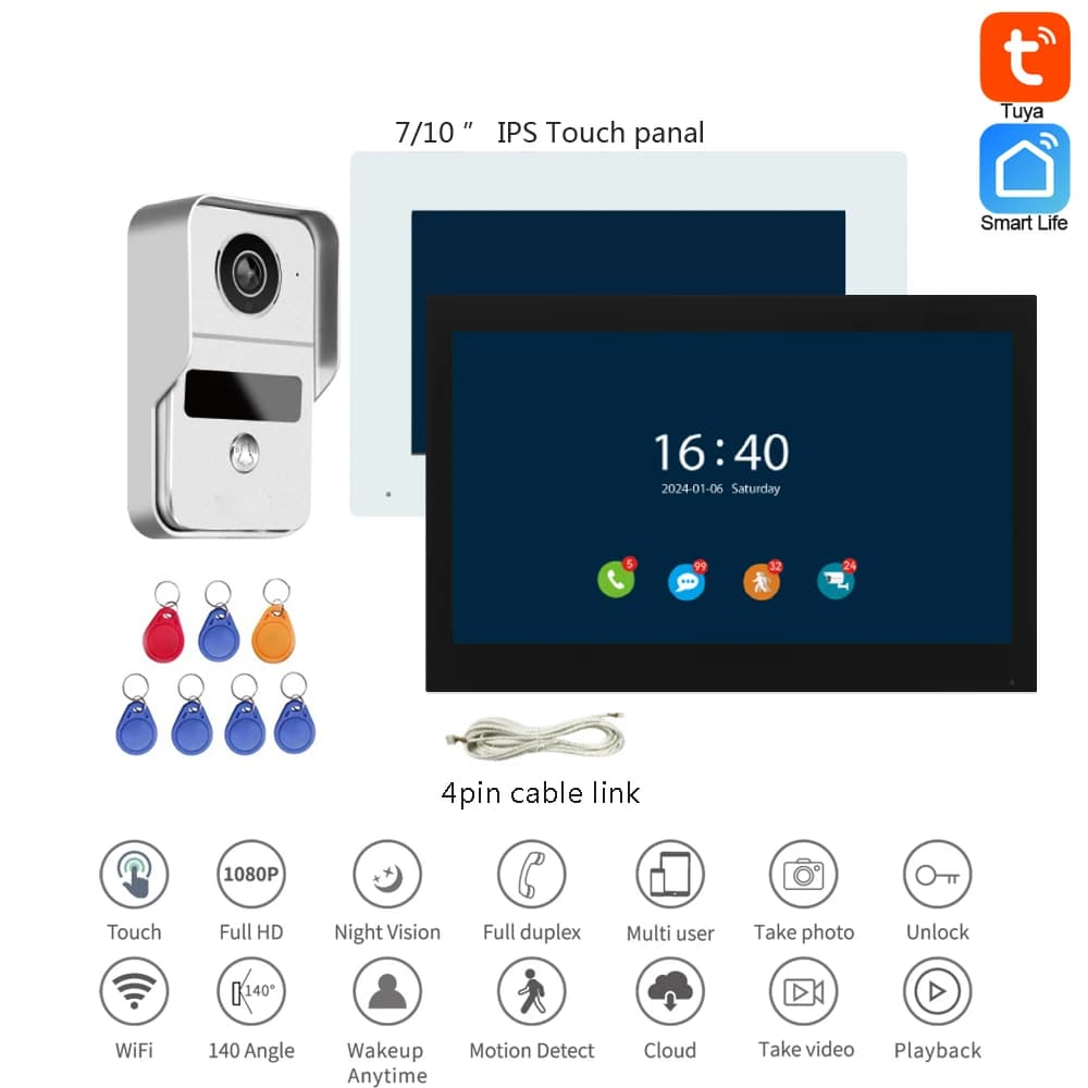 Telecamera per porta Wifi 2.4G con monitor Tuya APP Controllo Smart Life Videocitofono Schermo da 7/10 pollici Campanello per porta 1080P IC Sblocco