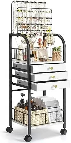 Large Organizer for Jewelry with 3 Drawers, Armadio Portagioie on Wheels for Necklaces, Earrings, Bracelets and Rings in Black