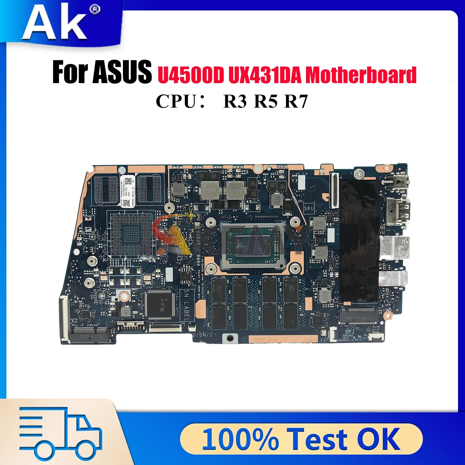 UX431DA Laptop Motherboard For ASUS ZenBook UX431D U4500D UX431DA Notebook Mainboard With R3 R5 R7 CPU 100% tests OK fast ship