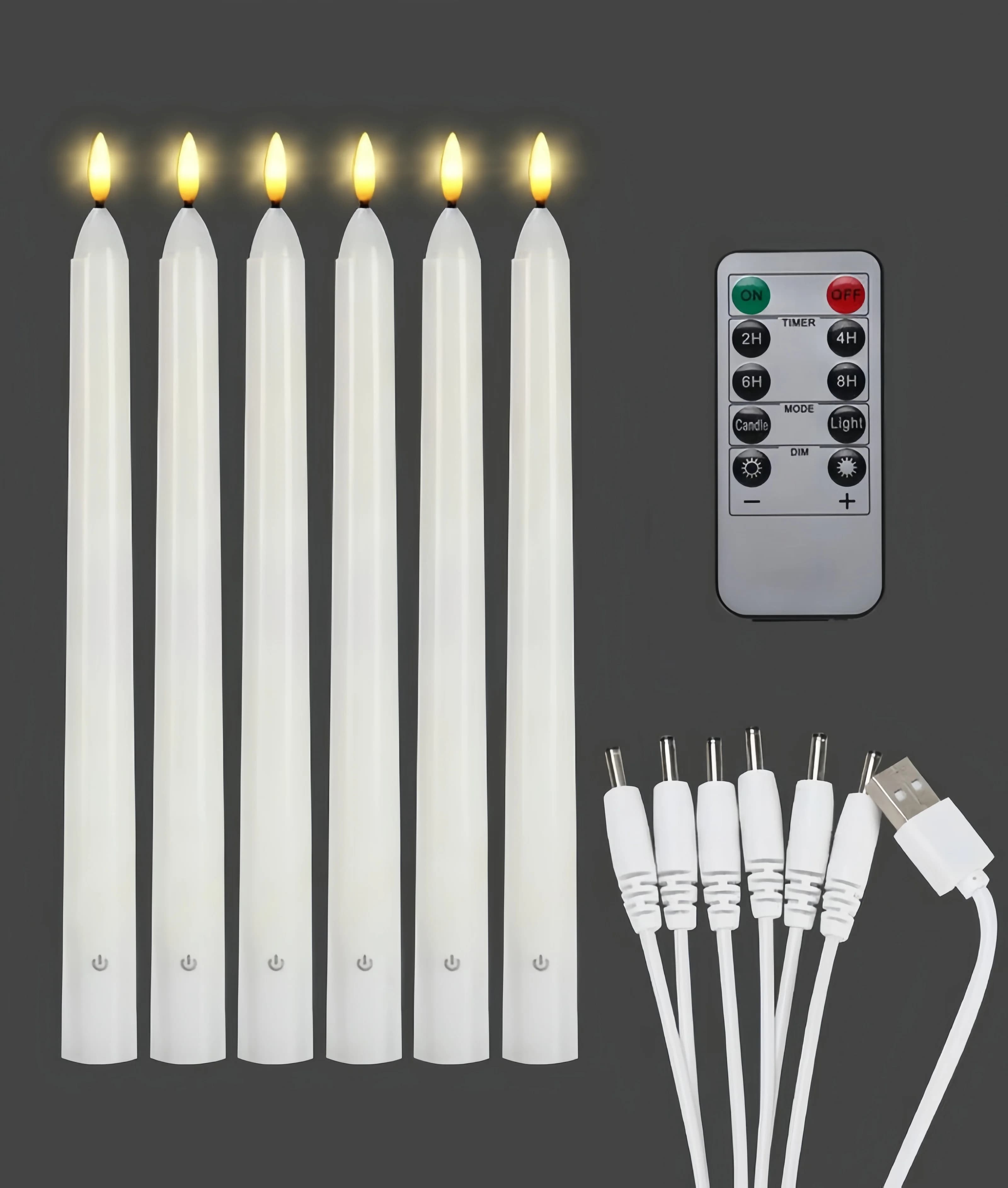 Led Taper Stick Candle Flickering with 10-Key Remote Timer 3D Wick Rechargeable Flameless Candlestick Christmas Home Wedding Par