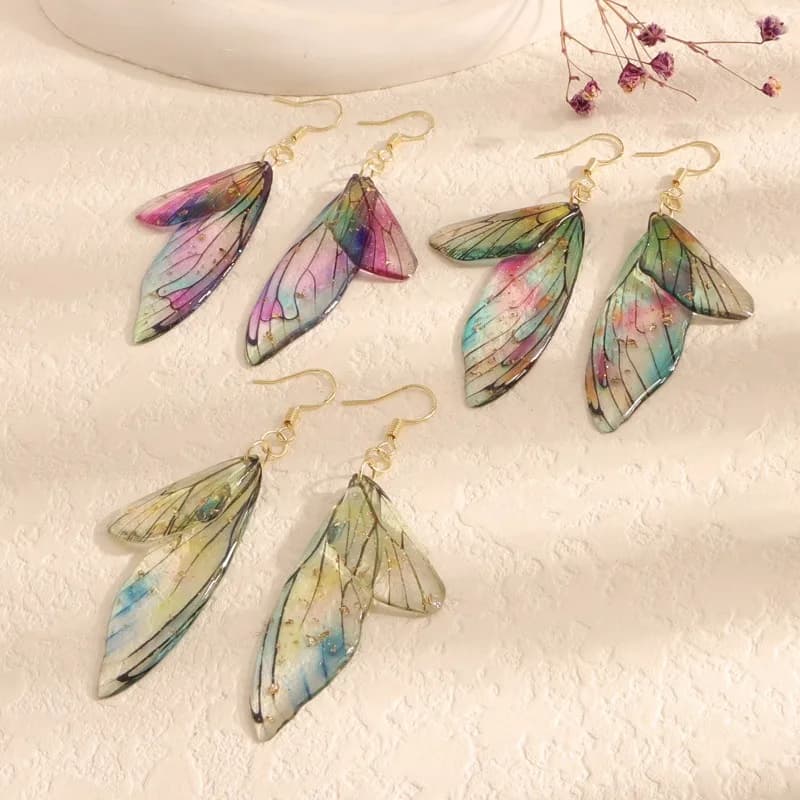 Orecchini Pendenti Lunghi Minar Trendy con Ali di Farfalla Doppie in Resina Sfumata Arcobaleno per Donne, Gioielli da Matrimonio in Lega Placcata Oro