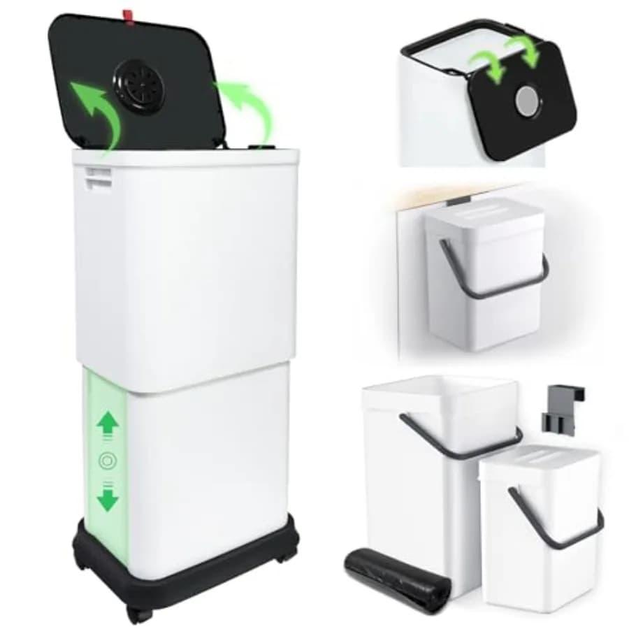 Bidone della Spazzatura da 13 Galloni con Coperchio, 25-45 L, Contenitore per Rifiuti con Ruote per Cucina, Bagno, Camera da Letto, Ufficio, con Due Maniglie