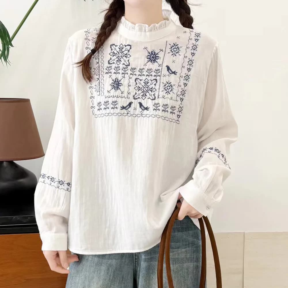 2026 Mori Kei Clothing Ethnic Cotton Yarn Embroider White Shirts Stand Collar Soft Breathable Long Sleeve Blouses