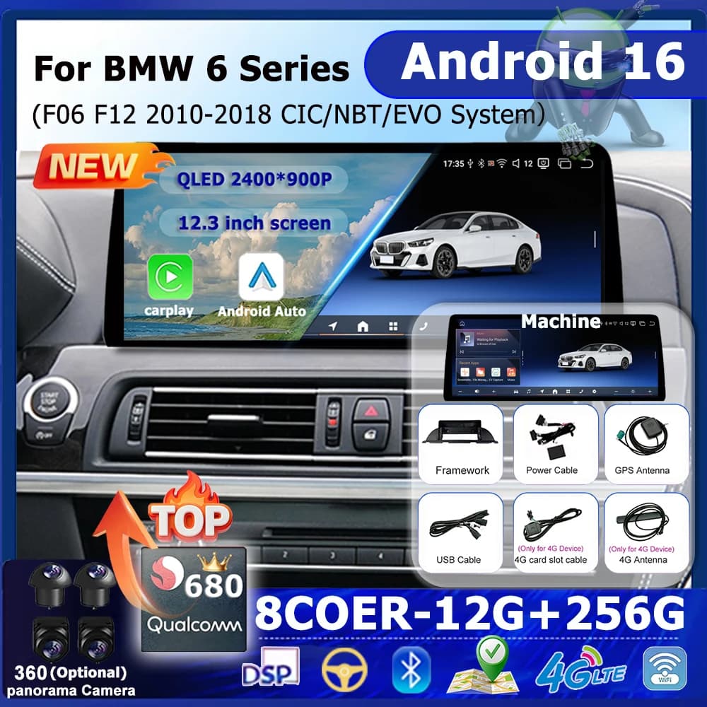 Android 16 Multimedia Carplay 12.3 ''QLED Android Auto For BMW Series 6 F06 F12 2010 - 2018 Radio GPS Navigation DSP