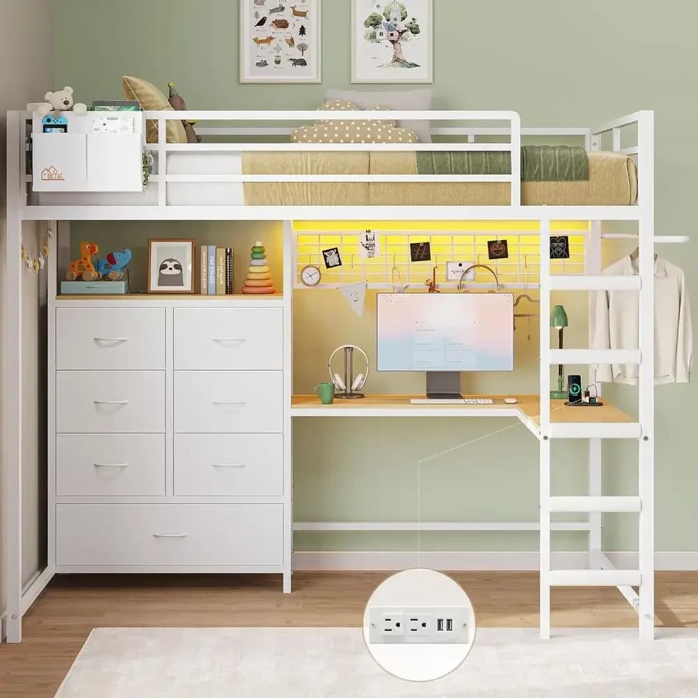 Twin Size Loft Bed with L-Shaped Desk, 7 Drawers, LED Lights, Charging Station, Safety Rail, Ladder, White