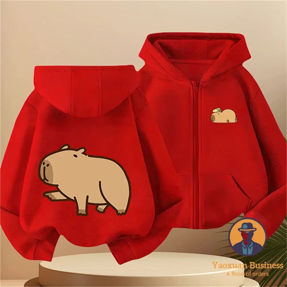 Felpa con cappuccio e zip per bambini/e, in puro cotone, con stampa 2D di Capibara, calda per autunno/inverno, stile casual