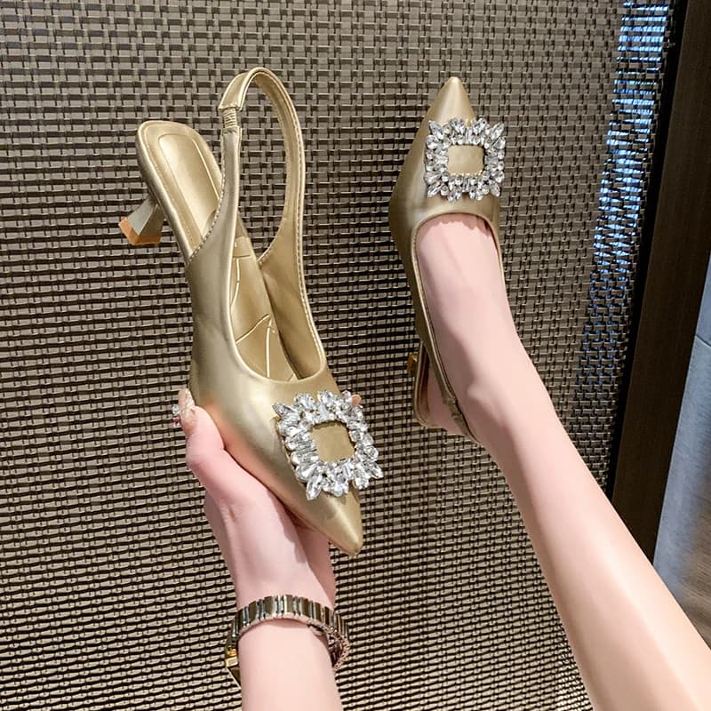 Women Shoes 2025 Slingbacks Women High Heels Slip on Dress Pumps Women Crystal Square Button Pointed Toe Thin Heel Sandals