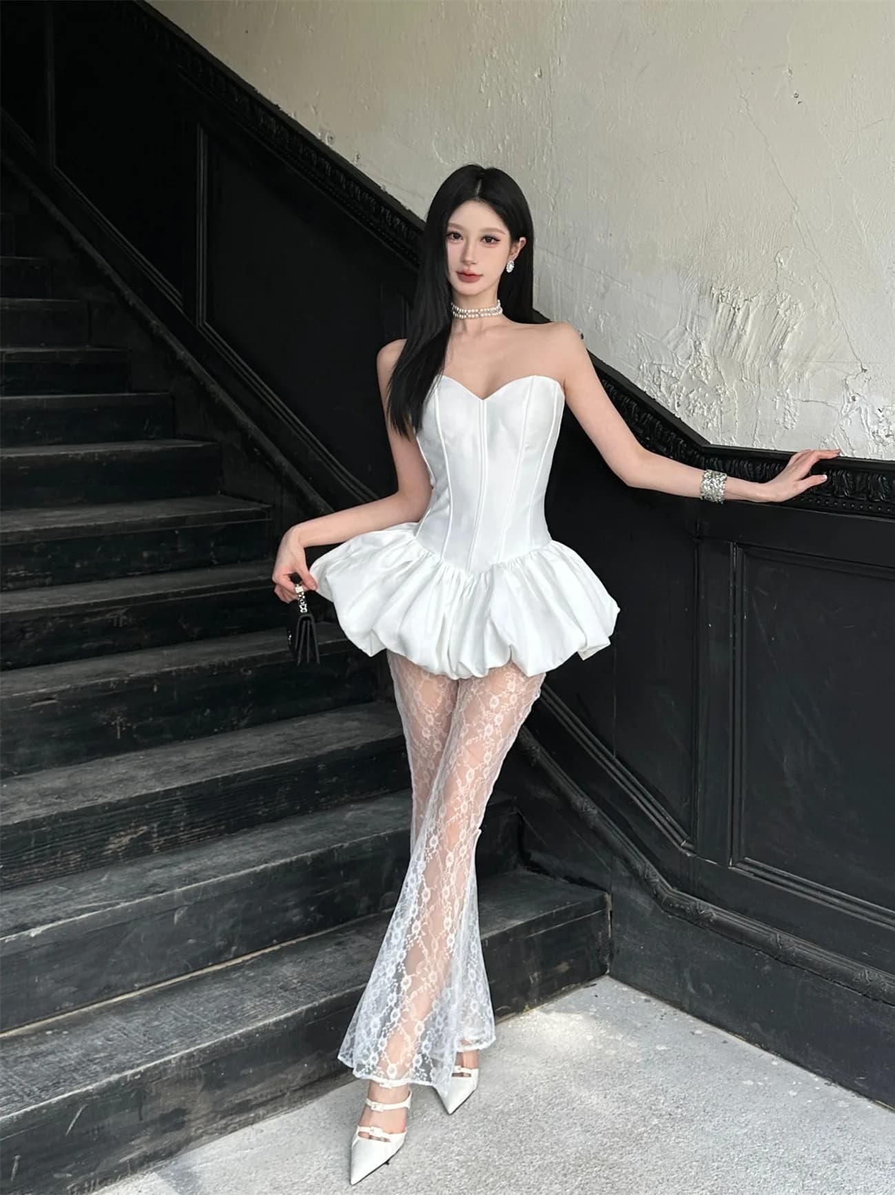 Sweet Princess Style Lace Pants Set A-Line Skirt Slim Fit Bustier Cherry Blossom Print Casual Wear for Party And Performance