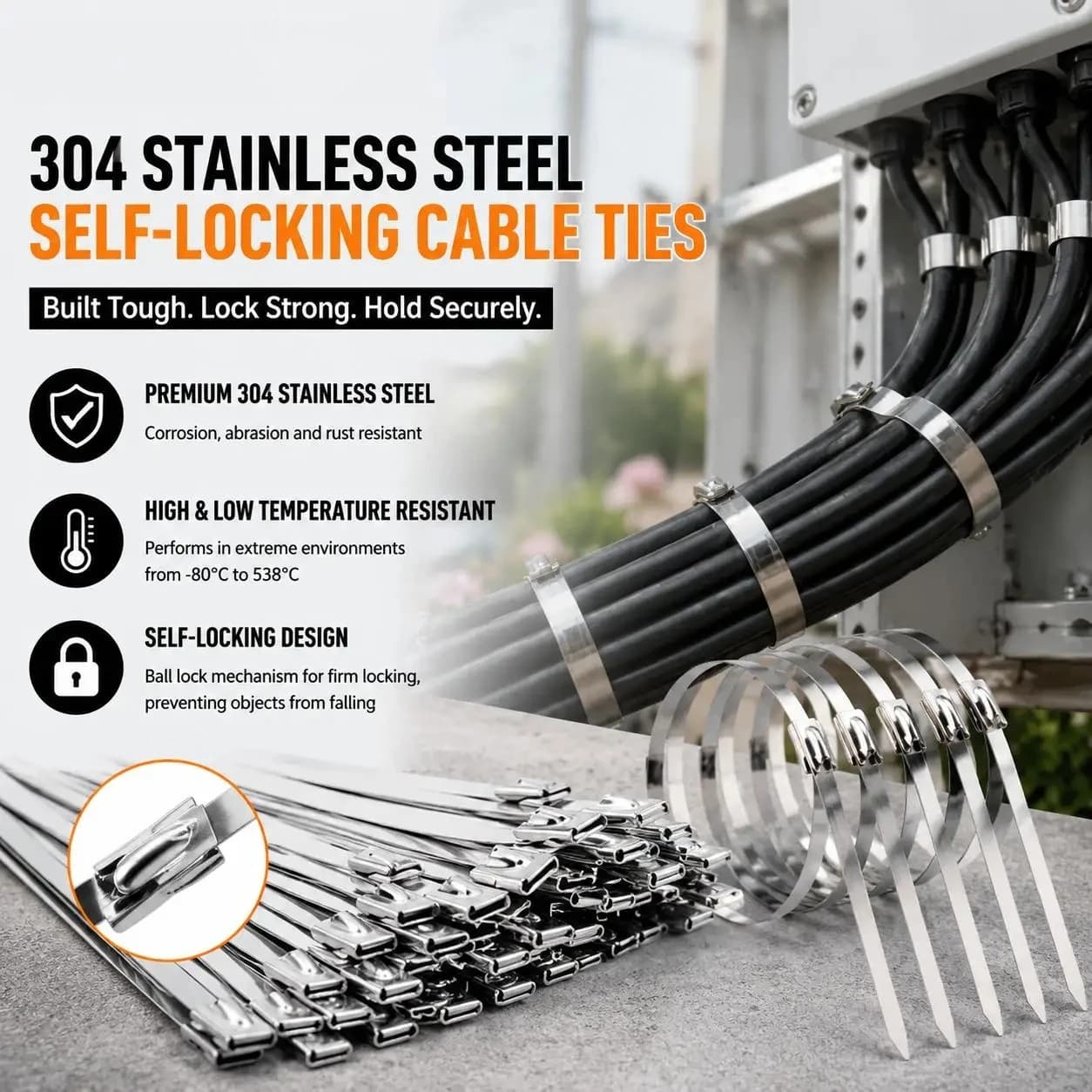 100pcs 304 Stainless Steel Cable Ties Heavy Duty Self Locking Metal Zip Ties Marine Grade High Tensile Strength Rustproof Exhaust Wrap Straps for Outdoor Auto Wire Fence Pipe Shield Packaging Hardware