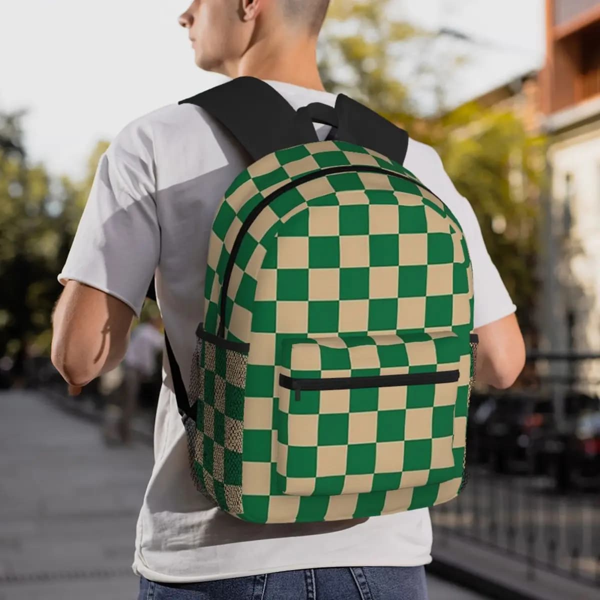 Zaino a scacchi marrone chiaro e verde cadmio, borsa a tracolla per ragazzi e ragazze, borsa per libri, borsa da scuola, borse a tracolla per uomo e donna