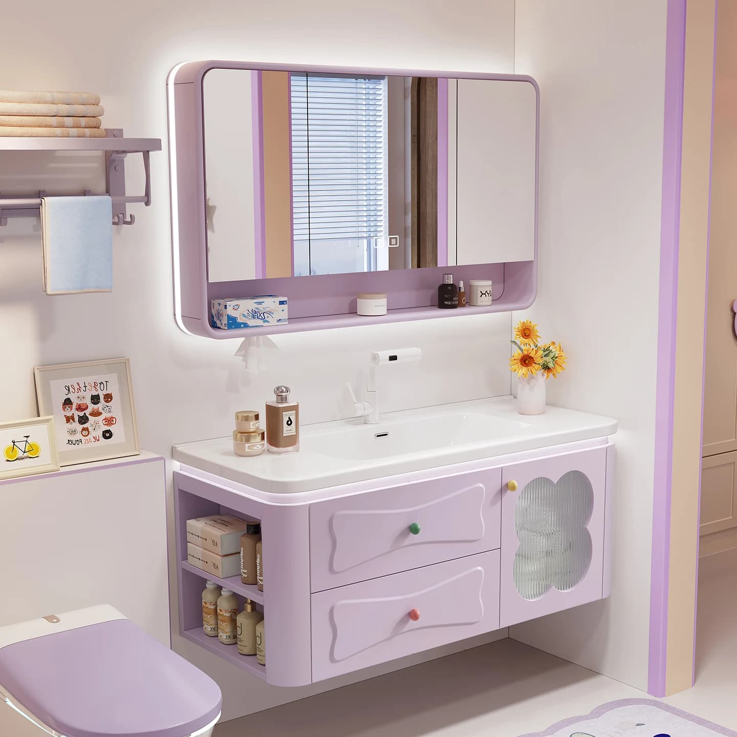 Mobile da Bagno Moderno in Stile Francese Rosa Chiaro Impermeabile con Lavabo, Specchio LED e Pannello Porta Laccato in Legno!