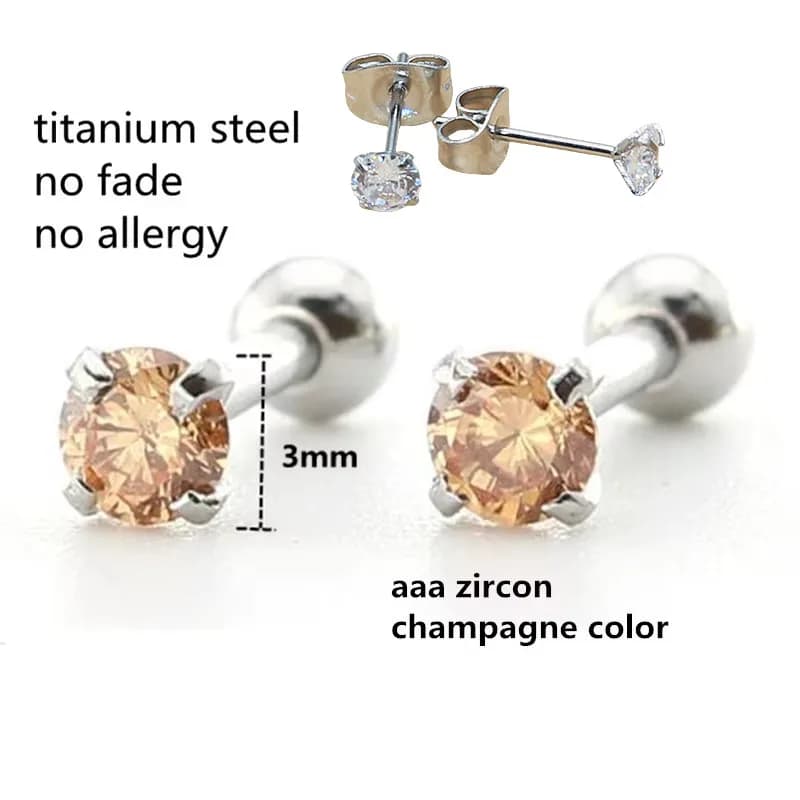 Titanium Screw Stud Earrings With Mini 3mm Champagne AAA Zircon 316 Stainless Steel No Fade Allergy