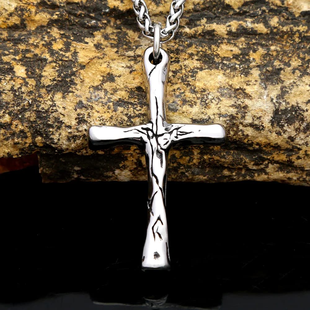 Retro Crack Pattern Cross Stainless Steel Pendant Necklace Religious Faith Amulet Unisex Fashion Jewelry Gifts Accessories