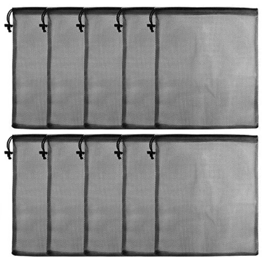 10 sacchetti con coulisse in rete di nylon per lavanderia e palline da golf, per riporre oggetti, viaggi e sport, neri 13x15.5