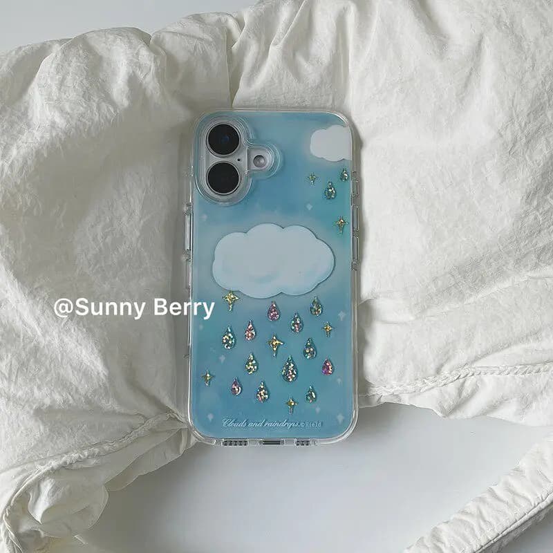 Cover per iPhone con Diamanti Scintillanti a Forma di Goccia di Pioggia e Nuvole, con Cornice e Macropori, per iPhone 17 AIR 16 15 14 13 12 11 Pro XS X XR