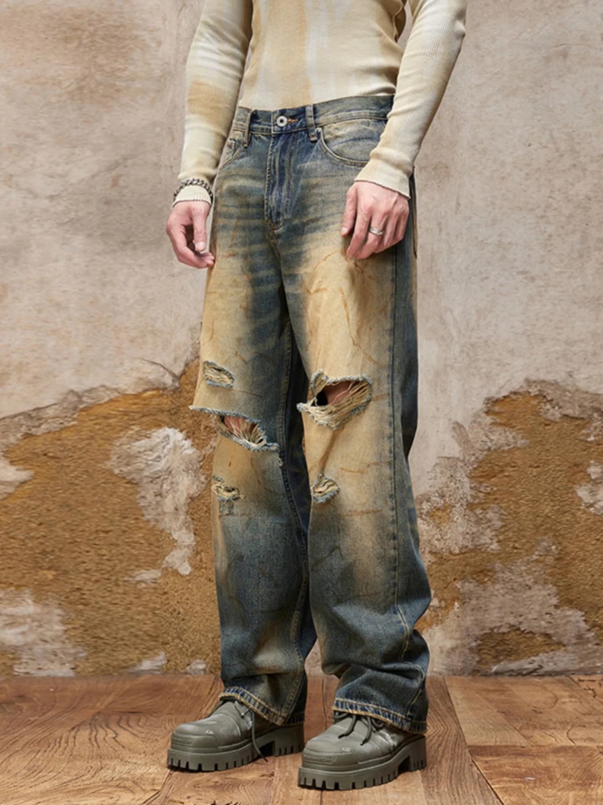 Retro High Street Men's Jeans Loose Straight Leg Long Trousers Worn Washed Hole Design Casual Wear Youth Fashion Denim Pants