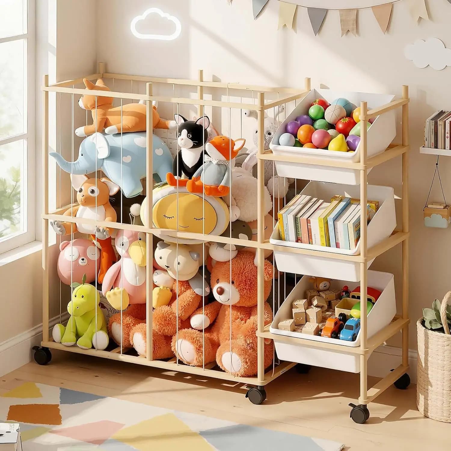 Organizzatore per Giocattoli con 3 Contenitori Rimovibili, Scaffale per Bambini per Peluche, Camera da Letto, Sala Giochi, Asilo Nido, Legno e Bianco