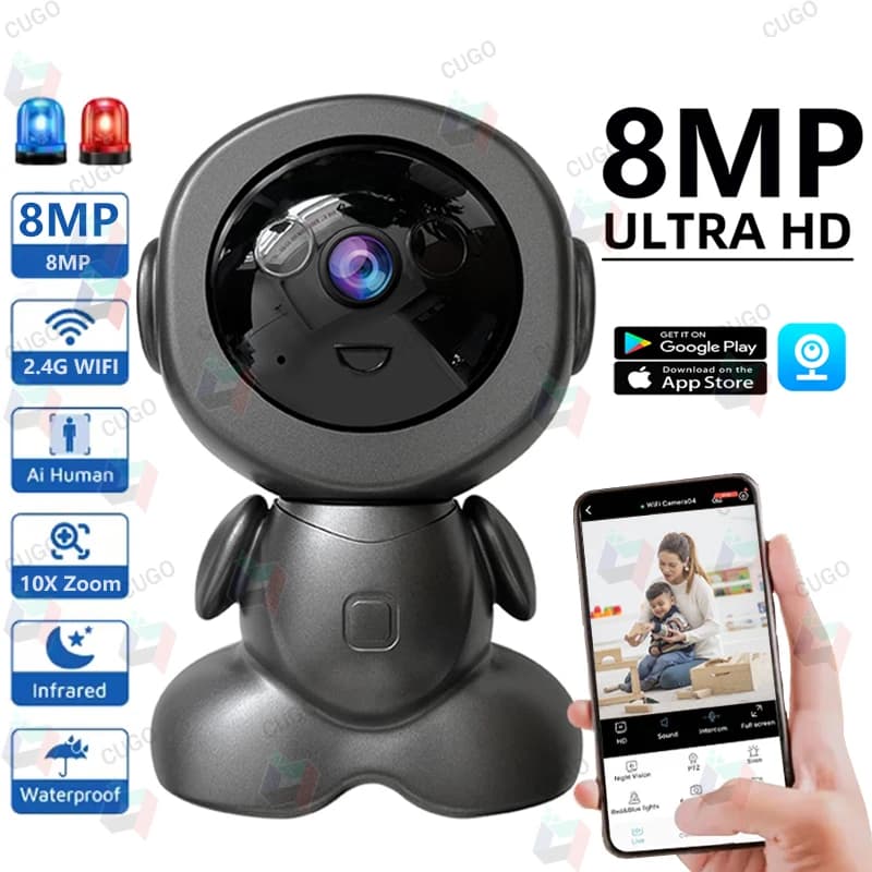 Telecamera Robot di Sorveglianza WiFi 8MP PTZ, Monitor per Bambini con Audio Bidirezionale, Visione Notturna a Colori, Tracciamento AI Intelligente, Telecamere IP per Casa