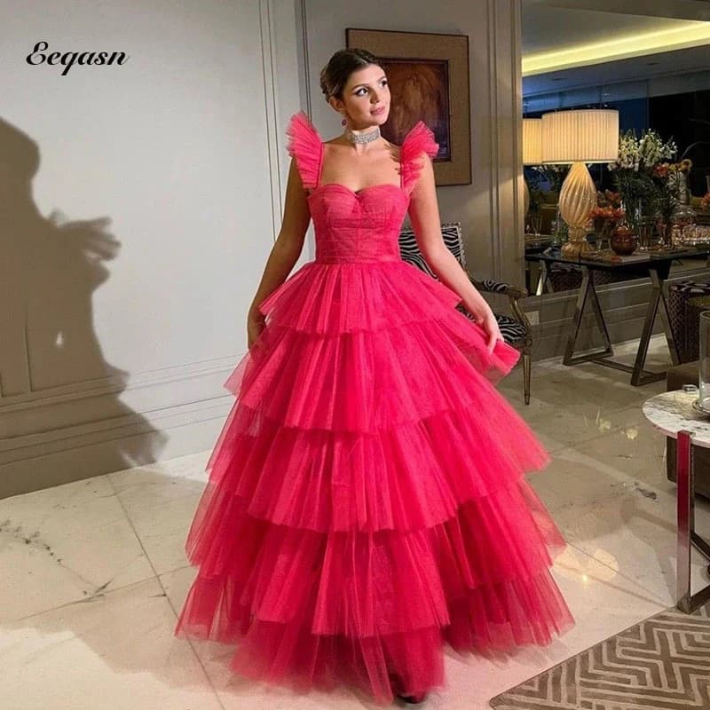 Single Women's Evening Dress Fushcia Tulle Layered A Line Green Dance Dress Red formal dresses graduation dress de soiree