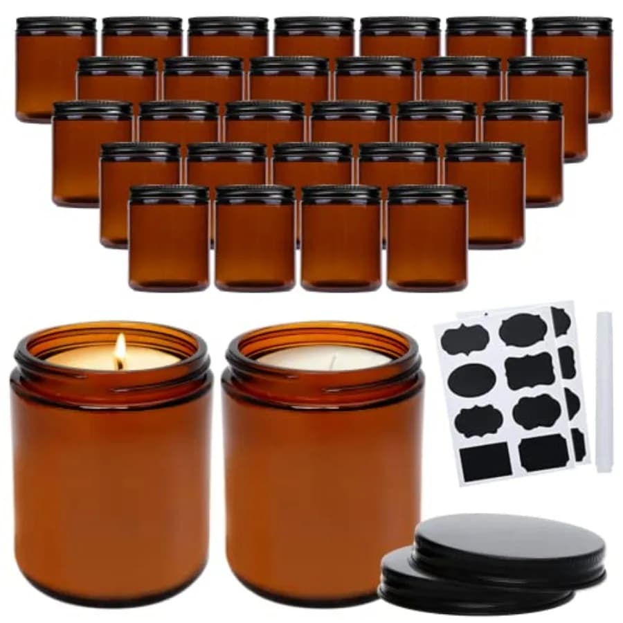 Set di 30 Barattoli in Vetro Ambrato da 8oz (250ml) con Coperchi Neri, Vuoti, Spessi, Piccoli, per Candele e Conservazione Alimenti