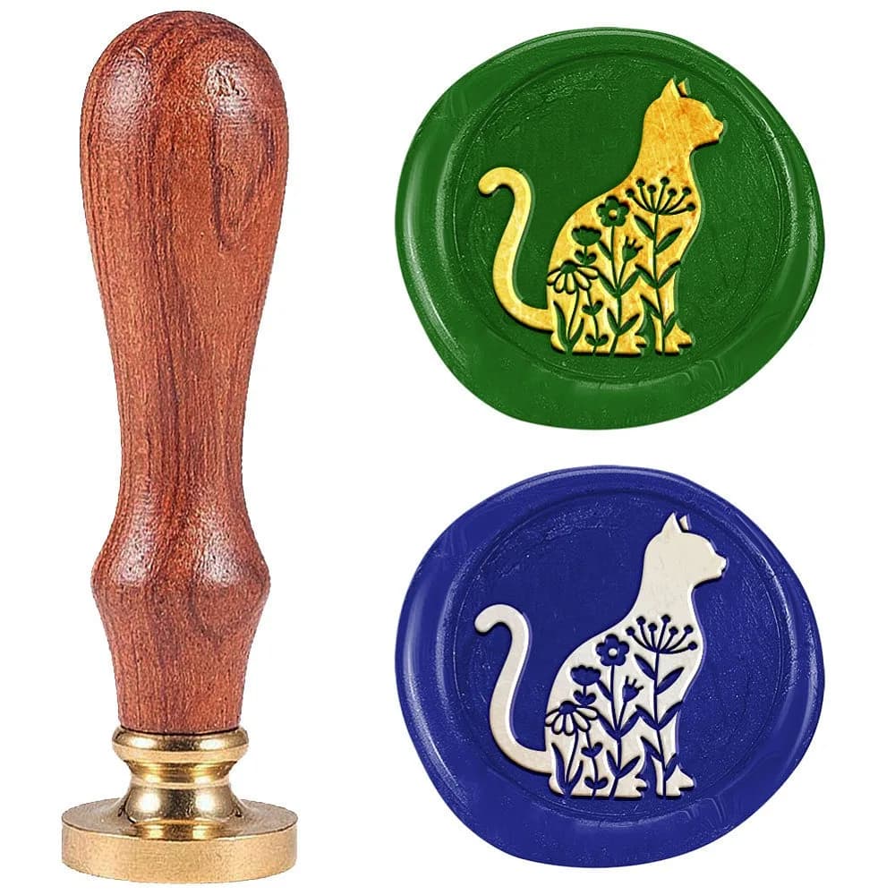 Seal Stamp Set Sealing Stamp Solid Brass Heads with Wood Handles for Envelopes Invitations Gift Card Cat Shape 83x22mm