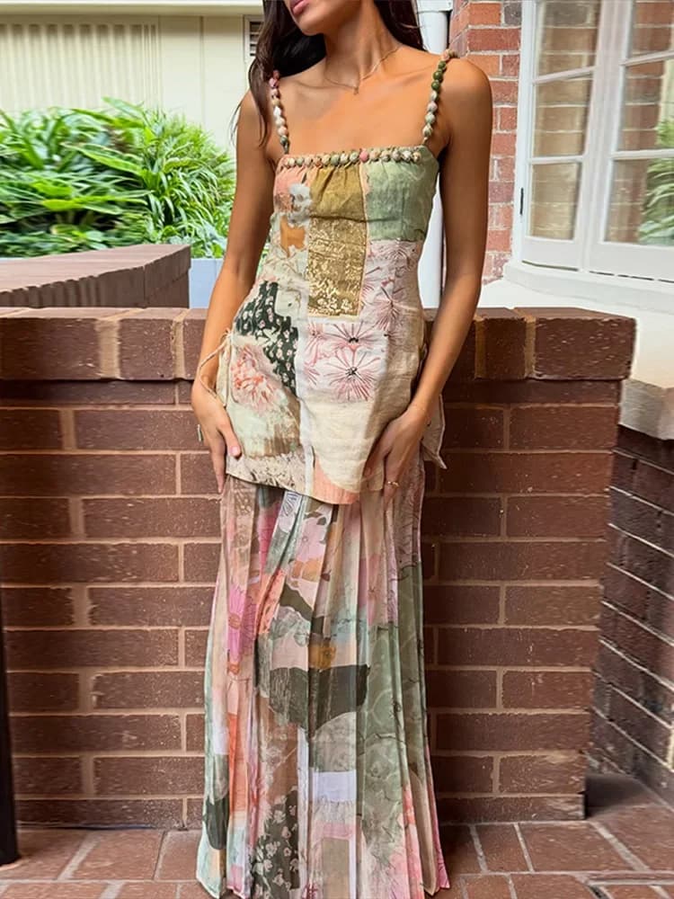 Beach Women's Pleated Dress Printed Spaghetti Strap Square Collar Lace Up Female Long Dresses 2026 Chic Summer Lady Robe