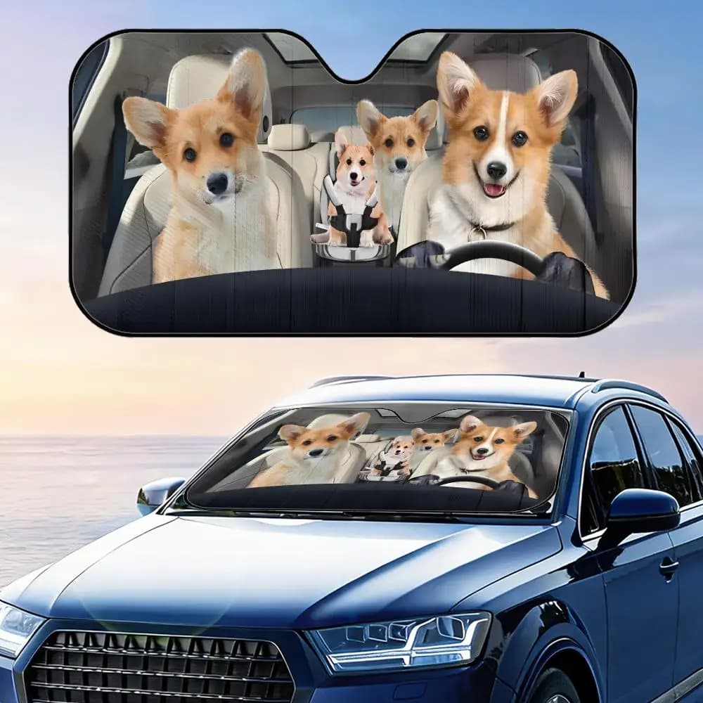 Parasole per auto in lamina di alluminio riutilizzabile con design Corgi che guida, protezione UV e isolamento termico