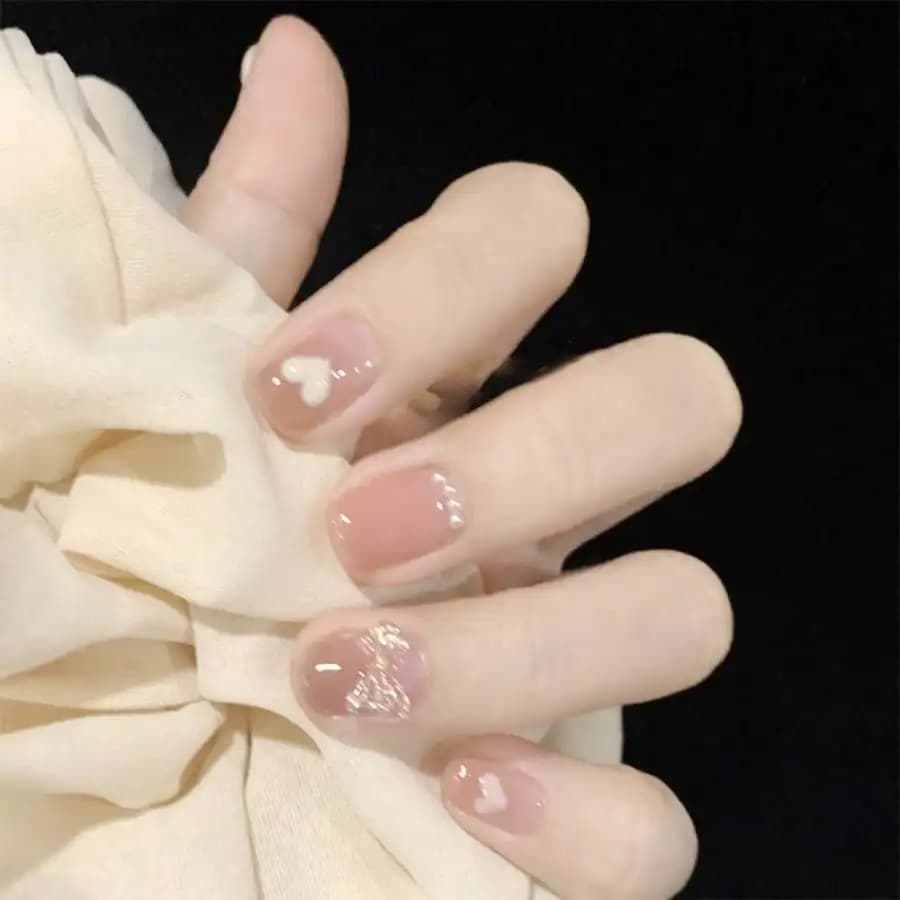 Unghie Finte Rosa Nude da Donna con Decorazione a Cuore e Glitter, Corte e Quadrate, Eleganti per Manicure Quotidiana, Feste, Matrimoni, Regalo