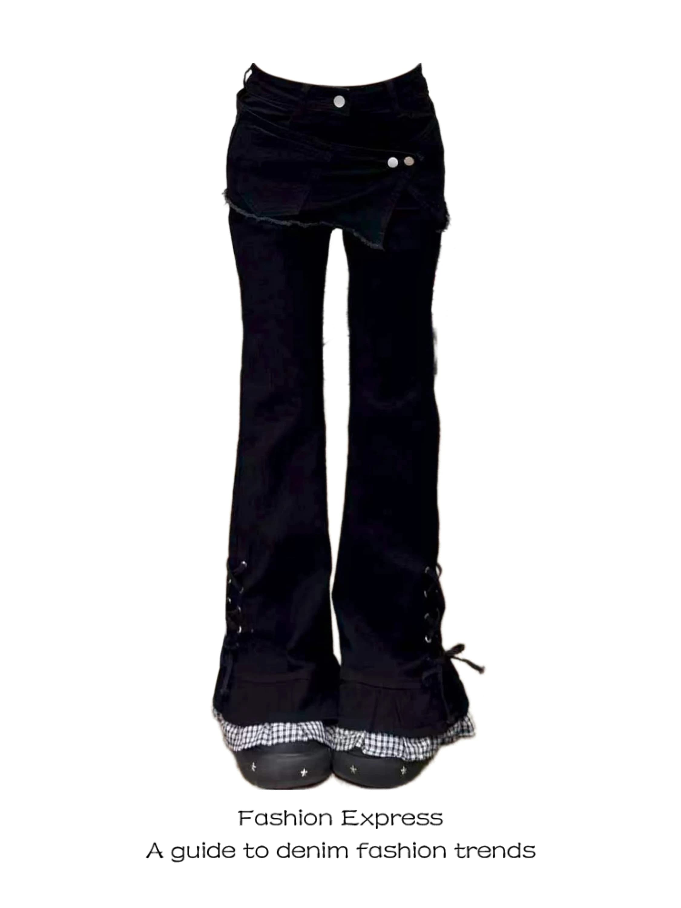 Women's Summer High Waist Wide Leg Jeans Knot Splicing Fake Two-Piece Straight Leg Pants American Retro Layering De...
