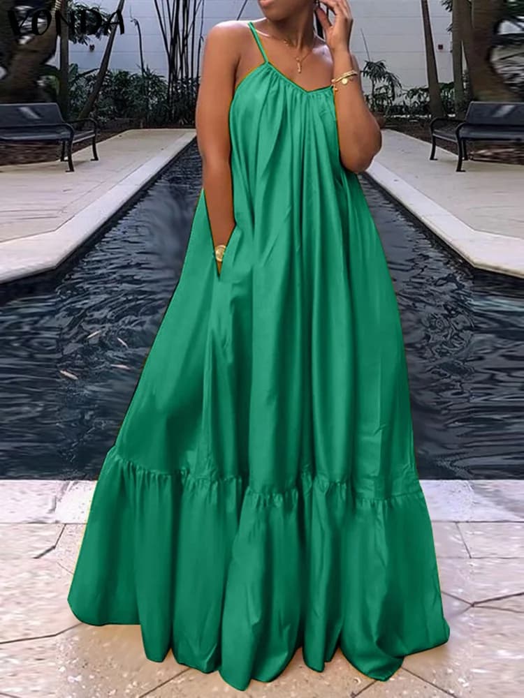 Abito estivo da donna taglie forti con cinturino per spaghetti Maxi vestito estivo sexy 2025 Abito da spiaggia in raso con volant 5XL