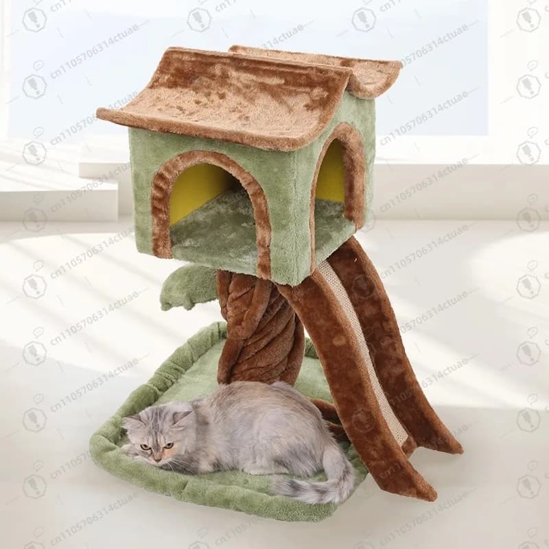 Albero per gatti moderno in legno verde: grande tiragraffi per gatti per gatti da interni e decorazioni per la casa