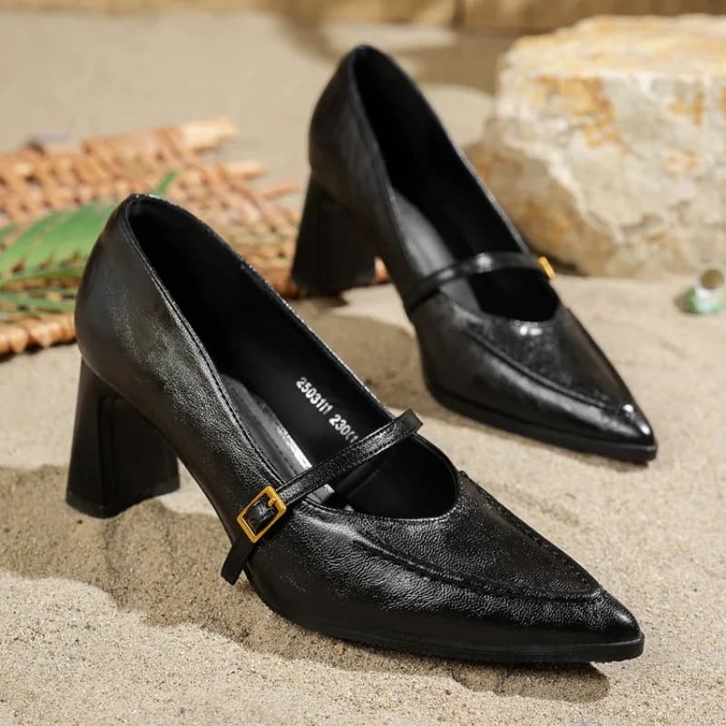 Retro Mid-length Single Shoes Spring and Summer New Fashion Belt Buckle Pointed Toe Comfortable Shallow Toe Leather Shoes