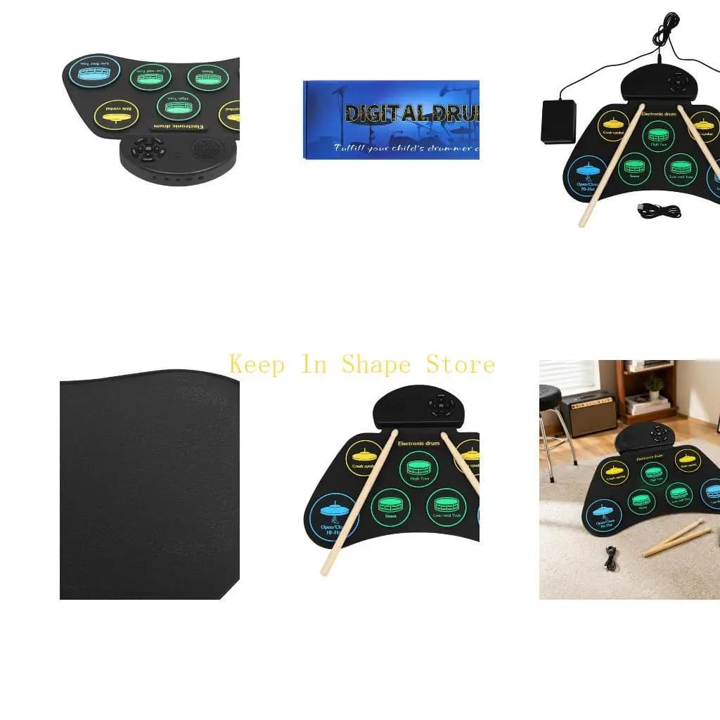 U1JC Electronic Drum Pad Set with 4 Drum Pads, 3 Cymbal Pads, Build-In Speaker and Double Foot Pedals, Compact Rolls up