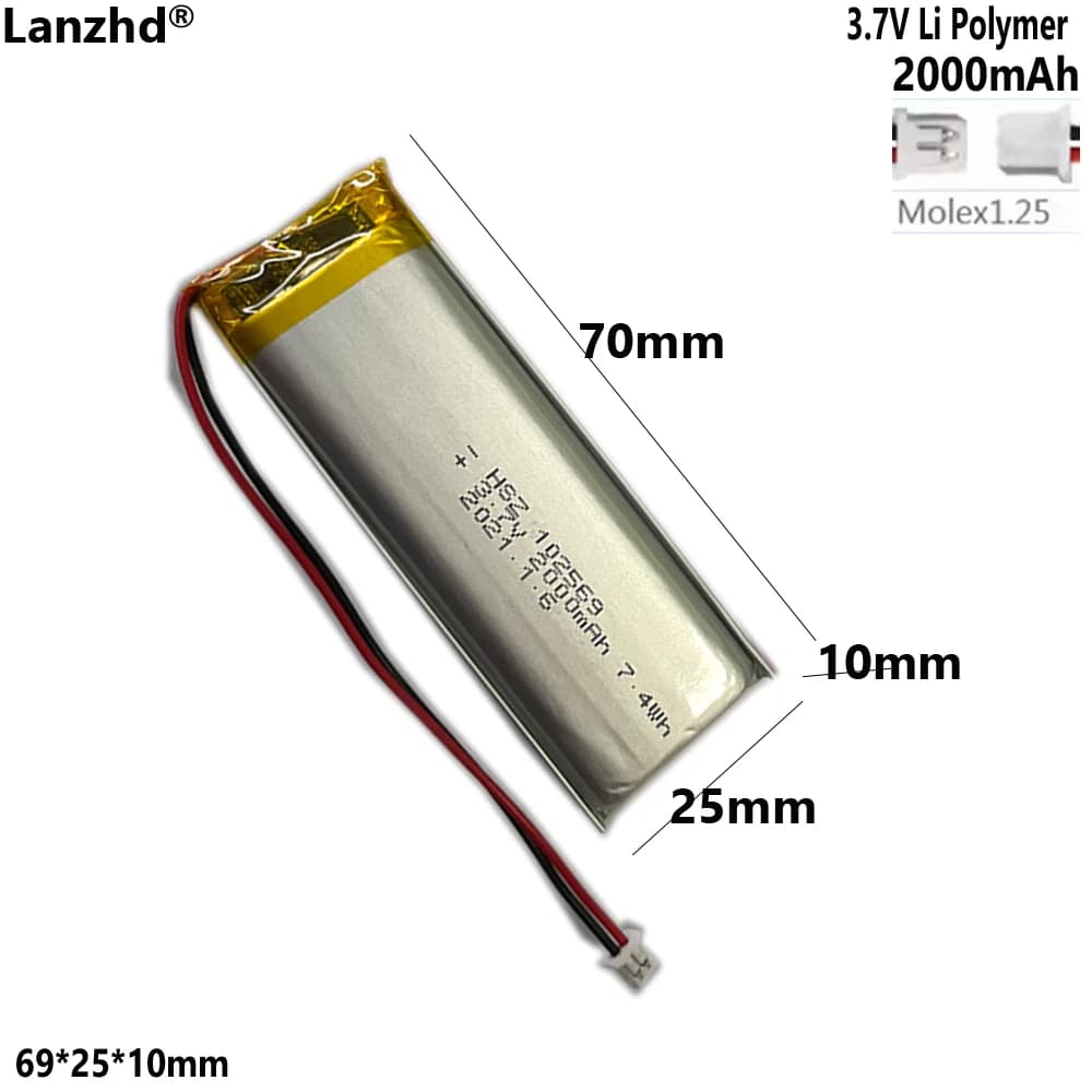 Batteria al litio polimerica da 3,7 V Batteria al litio ricaricabile 102569 2000 mAh Per tastiera Bluetooth, alimentazione altoparlante, batterie GPS