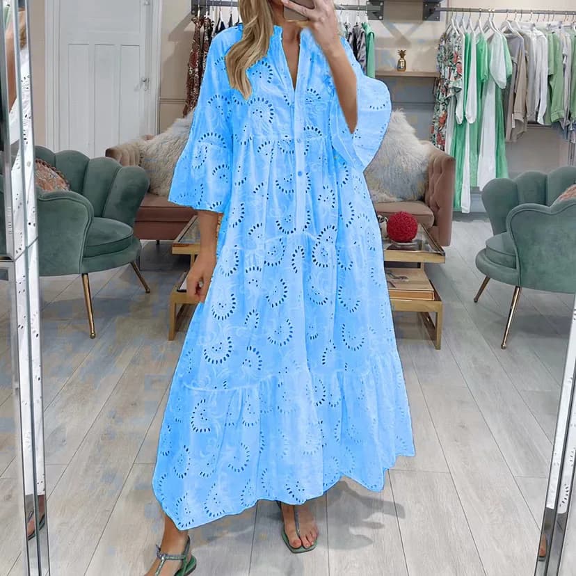 Long Dress Women Large Size Costume V Neck Flare Sleeve Slim A-Line Robe Fashion Hollow Out Lace Maxi Dresses