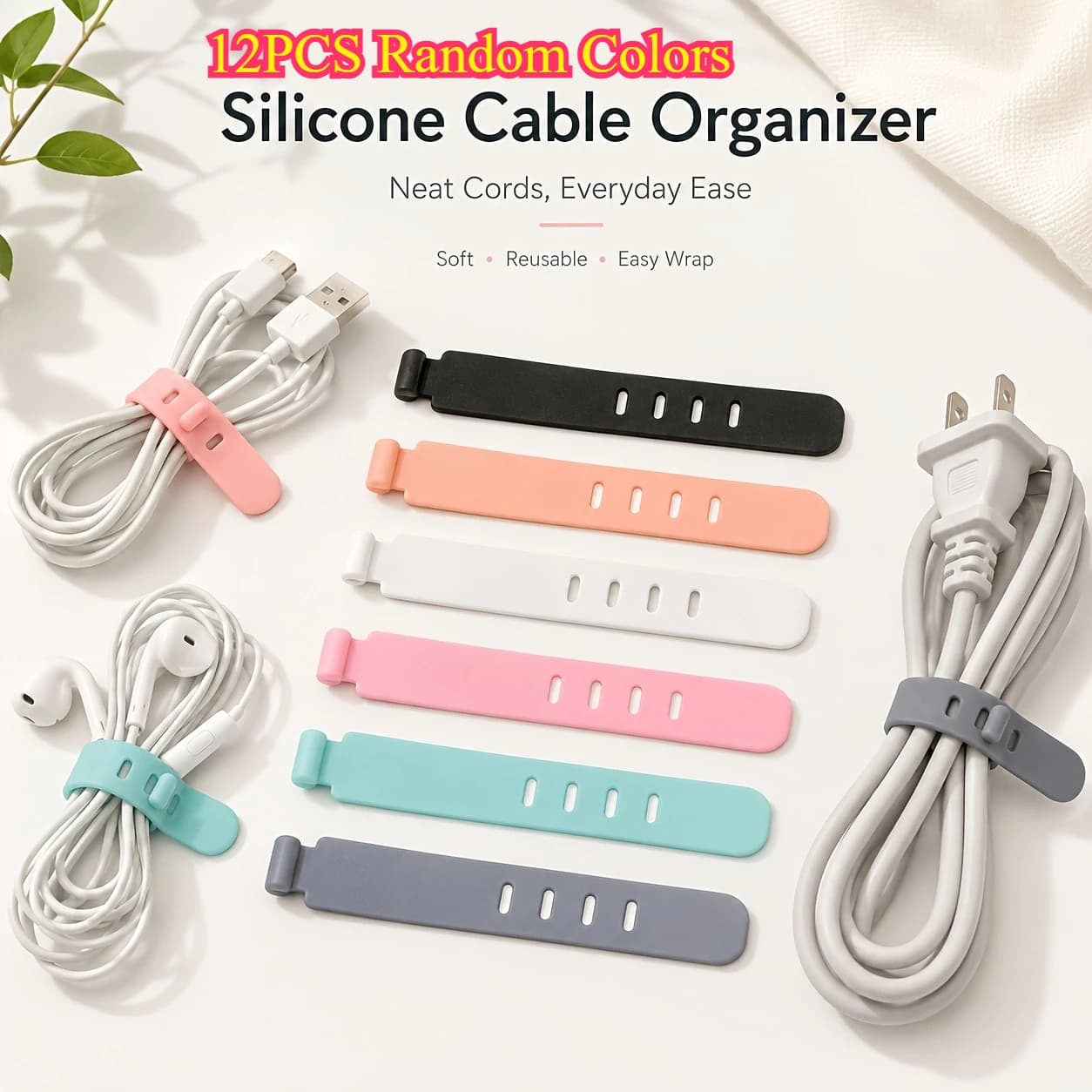 Random 12 Colors Adjustable Reusable Silicone Cable Organizer Data Cable Management Ties, Durable And Reusable