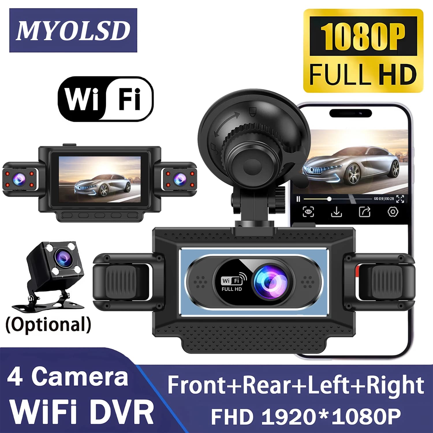 Dash Cam a 360 Gradi con 4 Obiettivi per Auto, WiFi e App, DVR 1080P, Registratore Video a 4 Canali, Telecamera per Abitacolo e Retrovisore